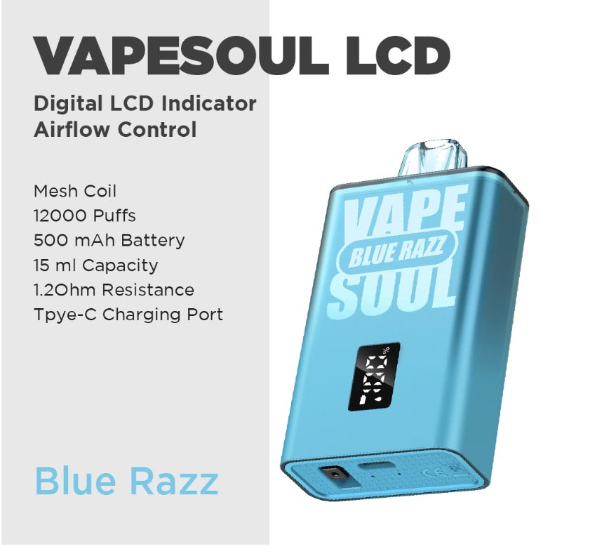 Blue Razz ice – Vapesoul LCD (12000 Puffs)